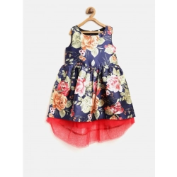 Girl's Polyester  Net Net Inset Sleeveless Round Neck Dress (Navy Blue)