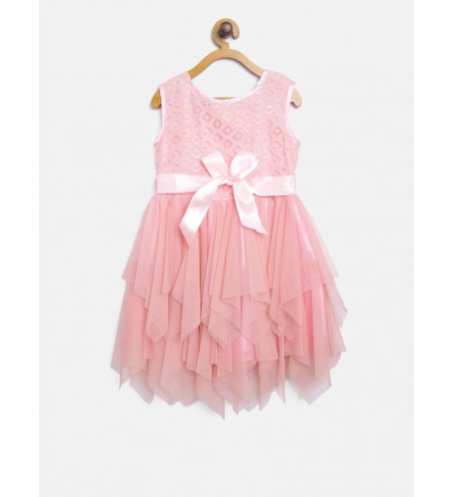 Girl's Polyester  Net Embroidered Sleeveless Round Neck Dress (Peach)