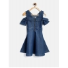 Dropship Girl's Denim Floral Printed Bell Sleeve Halter Neck Dress (Blue)