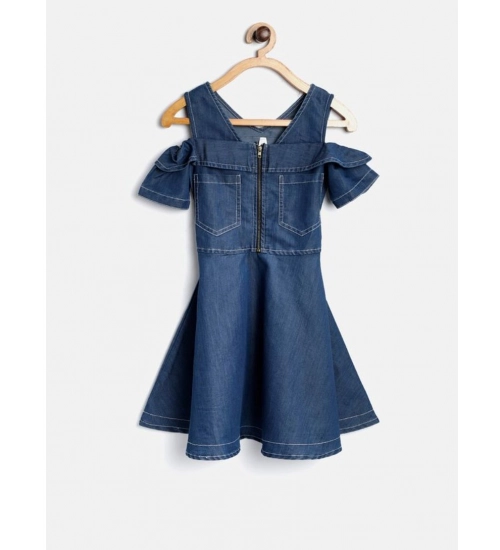 Girl's Denim Floral Printed Bell Sleeve Halter Neck Dress (Blue)