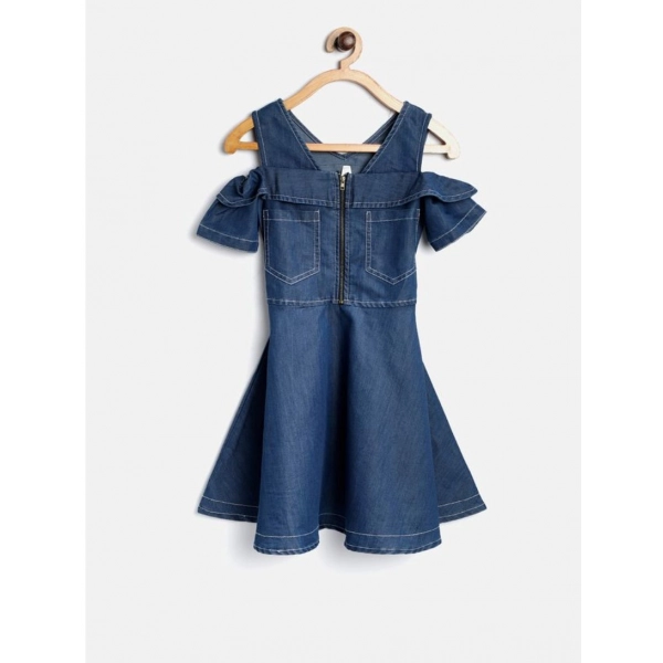 Dropship Girl's Denim Floral Printed Bell Sleeve Halter Neck Dress (Blue)