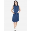 Dropship Girl's Denim Solid Sleeveless Shirt collar Dress (Blue)