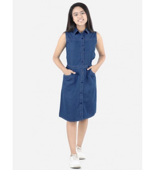 Girl's Denim Solid Sleeveless Shirt collar Dress (Blue)