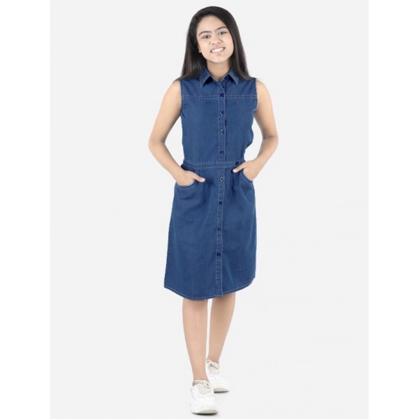 Dropship Girl's Denim Solid Sleeveless Shirt collar Dress (Blue)