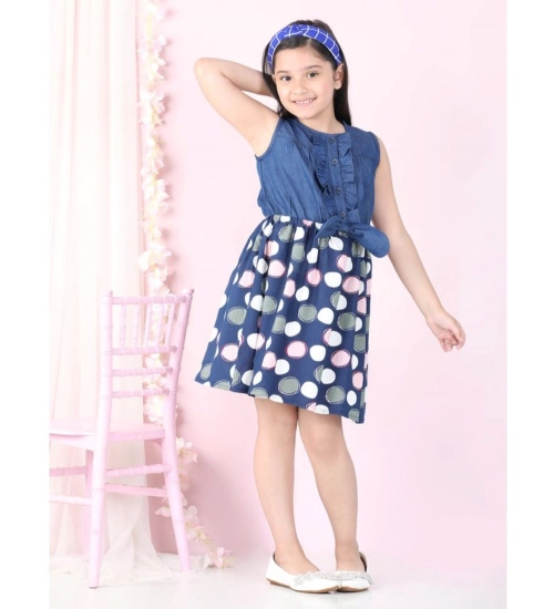Girl's Denim  Rayon Printed Sleeveless Round Neck Dress (Blue)