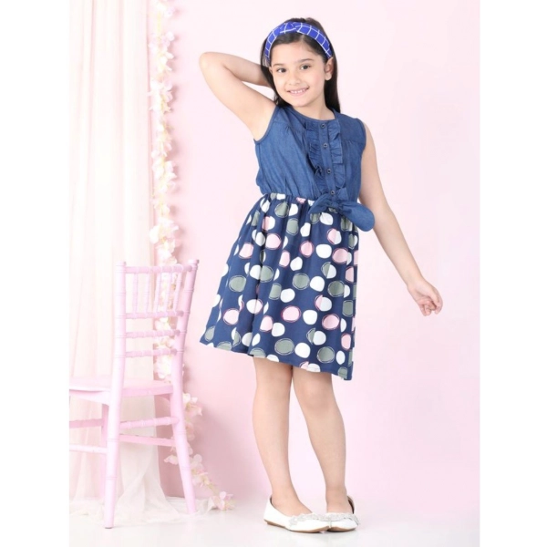 Dropship Girl's Denim  Rayon Printed Sleeveless Round Neck Dress (Blue)