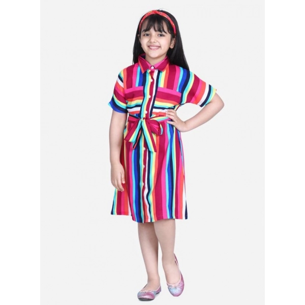 Dropship Girl's Polyester Crepe Striped Short Sleeve Shirt collar Dress (Multicolor)