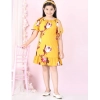 Dropship Girl's Polyester Crepe Floral Printed Slit Sleeve Round Neck Dress (Yellow-Red)