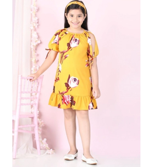Girl's Polyester Crepe Floral Printed Slit Sleeve Round Neck Dress (Yellow-Red)