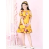 Dropship Girl's Polyester Crepe Floral Printed Slit Sleeve Round Neck Dress (Yellow-Red)
