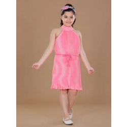 Girl's Polyester Crepe Printed Sleeveless Round Neck Dress (Pink)
