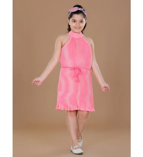 Girl's Polyester Crepe Printed Sleeveless Round Neck Dress (Pink)