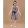 Dropship Girl's Polyester Crepe Printed Sleeveless Round Neck Dress (Black-Pink)