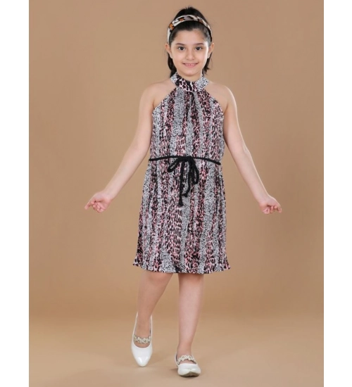 Girl's Polyester Crepe Printed Sleeveless Round Neck Dress (Black-Pink)