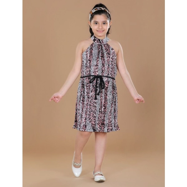 Dropship Girl's Polyester Crepe Printed Sleeveless Round Neck Dress (Black-Pink)
