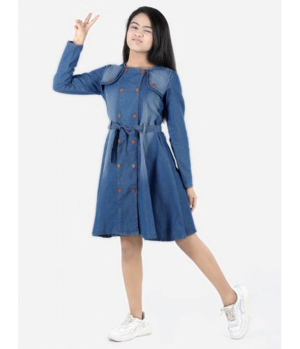 Girl's Denim Solid Long Sleeve Round Neck Dress (Blue)