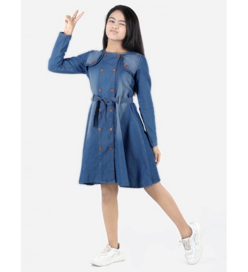Girl's Denim Solid Long Sleeve Round Neck Dress (Blue)