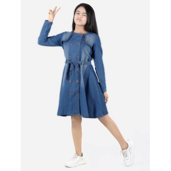 Dropship Girl's Denim Solid Long Sleeve Round Neck Dress (Blue)