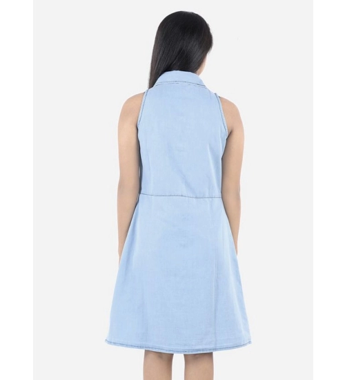 Girl's Denim Solid Sleeveless Shirt collar Dress (Blue)