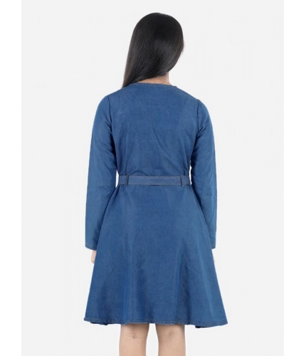 Girl's Denim Solid Long Sleeve Round Neck Dress (Blue)