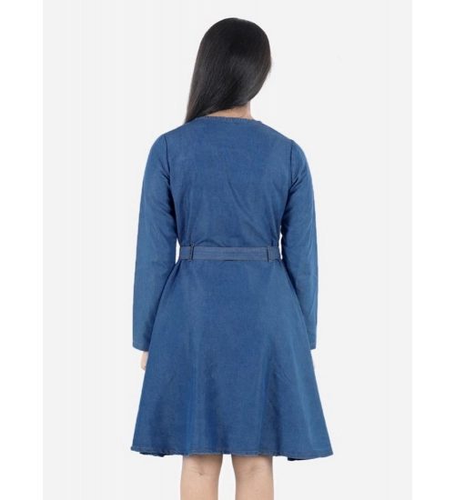 Girl's Denim Solid Long Sleeve Round Neck Dress (Blue)