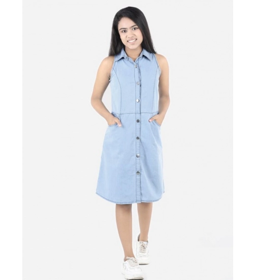 Girl's Denim Solid Sleeveless Shirt collar Dress (Blue)