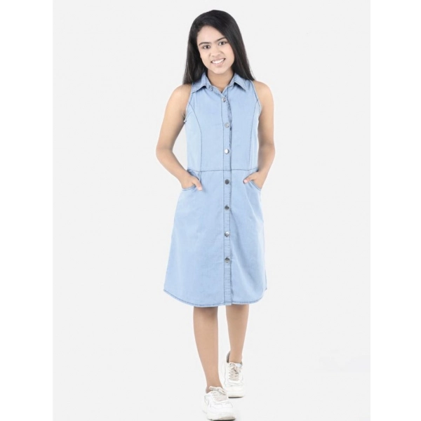 Dropship Girl's Denim Solid Sleeveless Shirt collar Dress (Blue)