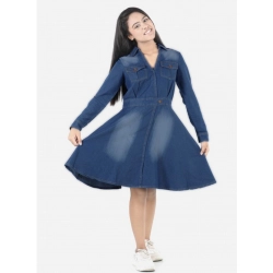 Girl's Denim Solid Long Sleeve Shirt collar Dress (Blue)