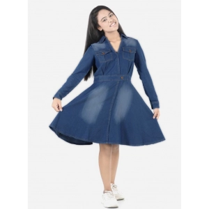 Generic Girl's Denim Solid Long Sleeve Shirt collar Dress (Blue)