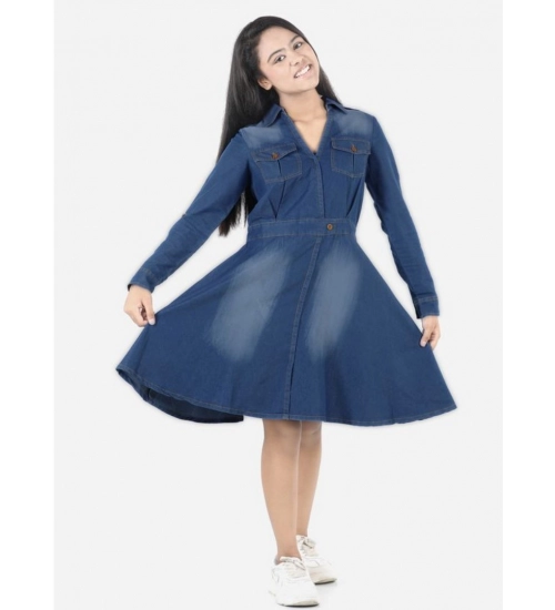 Girl's Denim Solid Long Sleeve Shirt collar Dress (Blue)