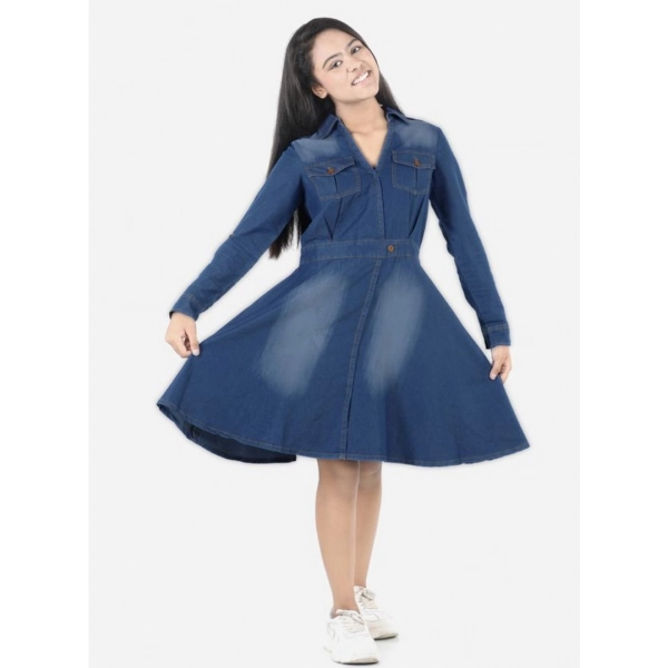 Dropship Girl's Denim Solid Long Sleeve Shirt collar Dress (Blue)