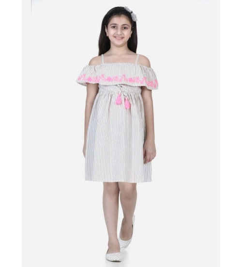 Girl's Cotton Printed Sleeveless Shoulder Straps Dress (Beige-Pink)