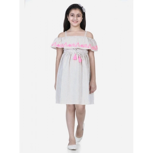 Dropship Girl's Cotton Printed Sleeveless Shoulder Straps Dress (Beige-Pink)