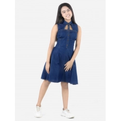 Girl's Denim Solid Sleeveless Shirt collar Dress (Blue)