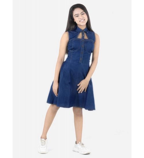 Girl's Denim Solid Sleeveless Shirt collar Dress (Blue)