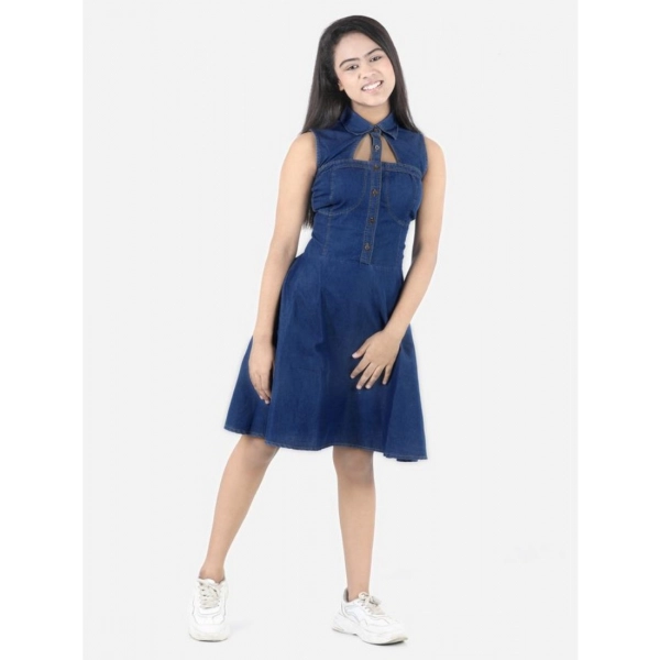 Dropship Girl's Denim Solid Sleeveless Shirt collar Dress (Blue)