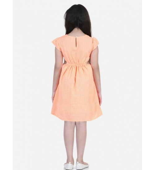 Girl's Polyester Crepe Checkered Short Sleeve Round Neck Dress (Orange)