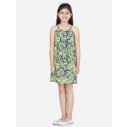 Girl's Polyester Floral Printed Short Sleeve Round Neck Dress (Blue-Yellow)
