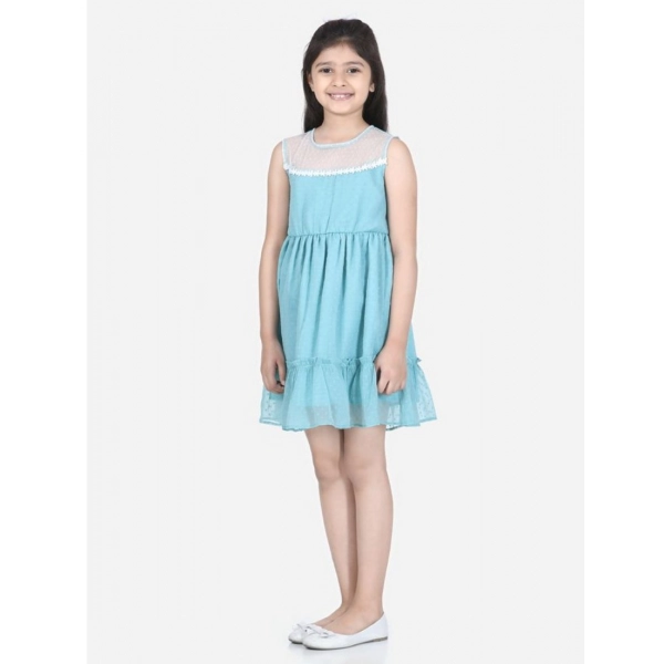 Dropship Girl's Polyester Dobby Floral Printed Sleeveless Round Neck Dress (Blue)