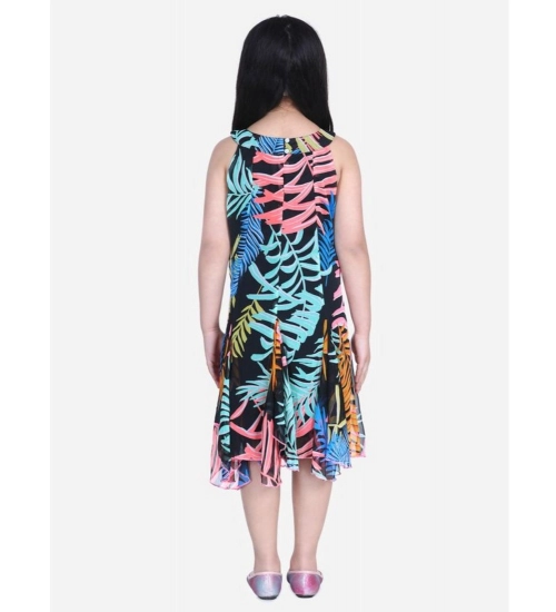 Girl's Polyester Crepe Floral Printed Sleeveless Round Neck Dress (Multicolor)