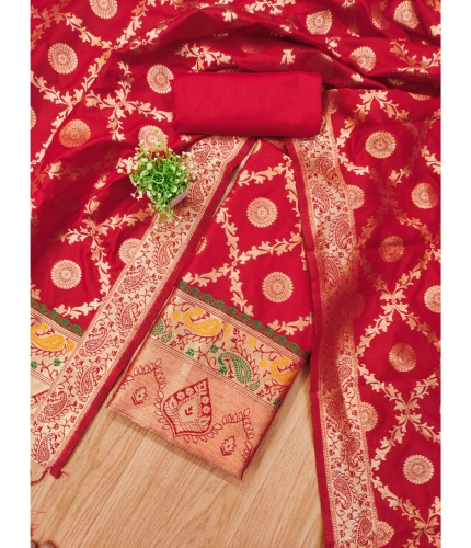 Women's Banarasi Silk Printed Unstitched Salwar Suit Material With Dupatta (Red, 3Mtrs)