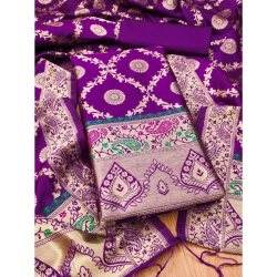 Women's Banarasi Silk Printed Unstitched Salwar Suit Material With Dupatta (Purple, 3Mtrs)