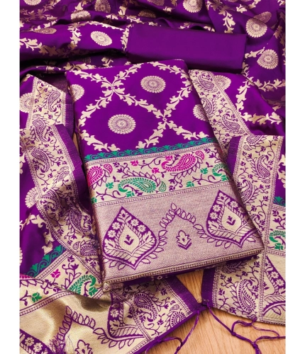 Women's Banarasi Silk Printed Unstitched Salwar Suit Material With Dupatta (Purple, 3Mtrs)
