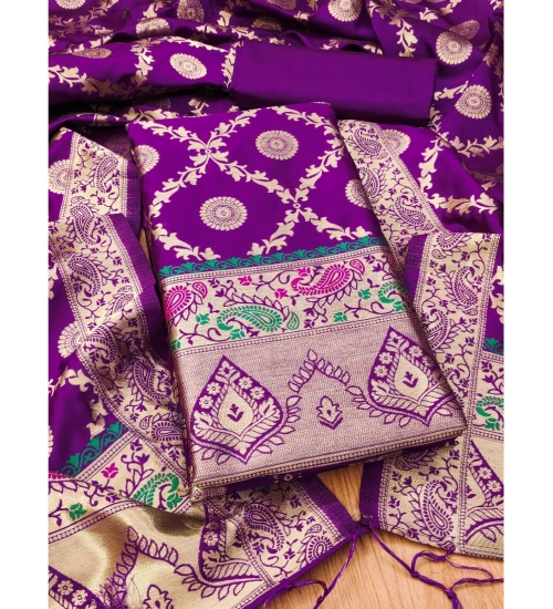 Women's Banarasi Silk Printed Unstitched Salwar Suit Material With Dupatta (Purple, 3Mtrs)