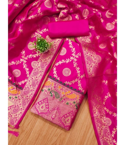 Women's Banarasi Silk Printed Unstitched Salwar Suit Material With Dupatta (Pink, 3Mtrs)