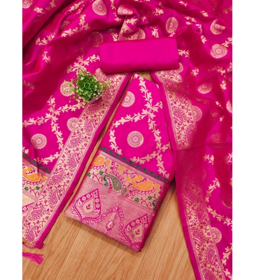 Women's Banarasi Silk Printed Unstitched Salwar Suit Material With Dupatta (Pink, 3Mtrs)
