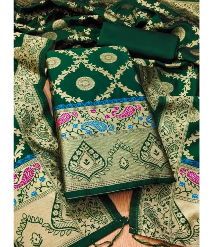 Women's Banarasi Silk Printed Unstitched Salwar Suit Material With Dupatta (Bottle Green, 3Mtrs)