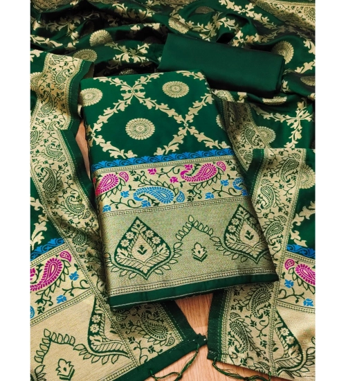 Women's Banarasi Silk Printed Unstitched Salwar Suit Material With Dupatta (Bottle Green, 3Mtrs)