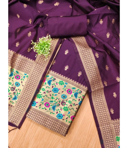 Women's Banarasi Silk Printed Unstitched Salwar Suit Material With Dupatta (Wine, 3Mtrs)