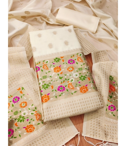Women's Banarasi Silk Printed Unstitched Salwar Suit Material With Dupatta (White, 3Mtrs)